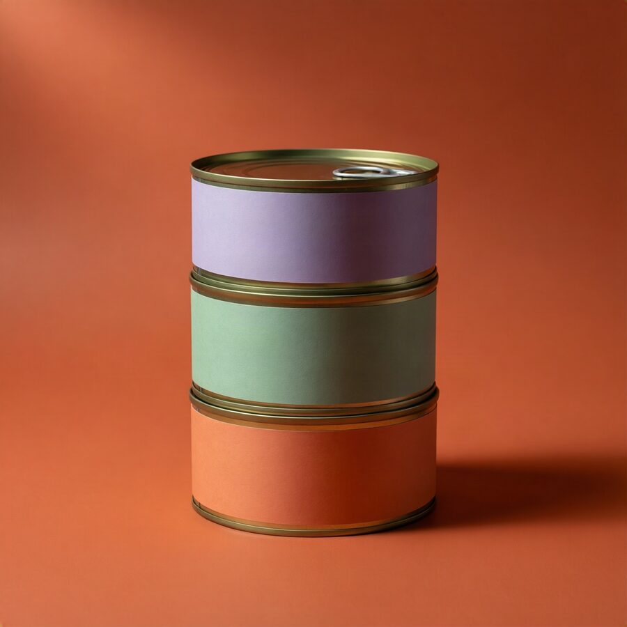 A generated image: three stacked tin cans with blank matte labels on a seamless terracotta backdrop.